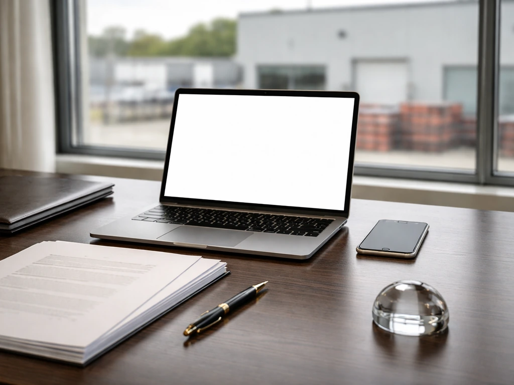 Minimal executive office scene with IKO-style building materials, symbolizing business leadership and net-worth research