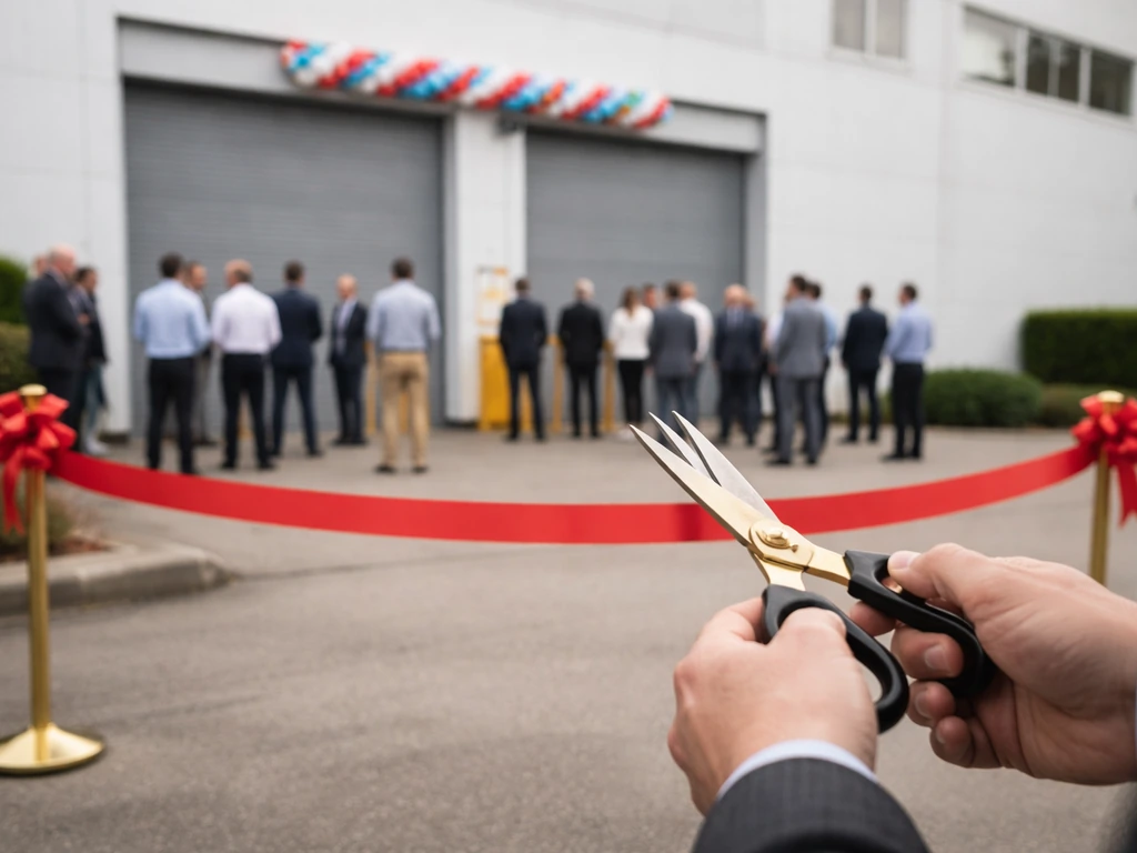 Indistinct corporate event with a red ribbon at an industrial entrance and ceremonial scissors in the foreground.