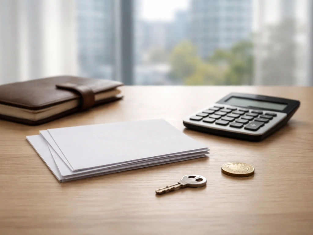 Minimal desk photo with calculator, blank papers, and a gold coin symbolizing wealth breakdown components.