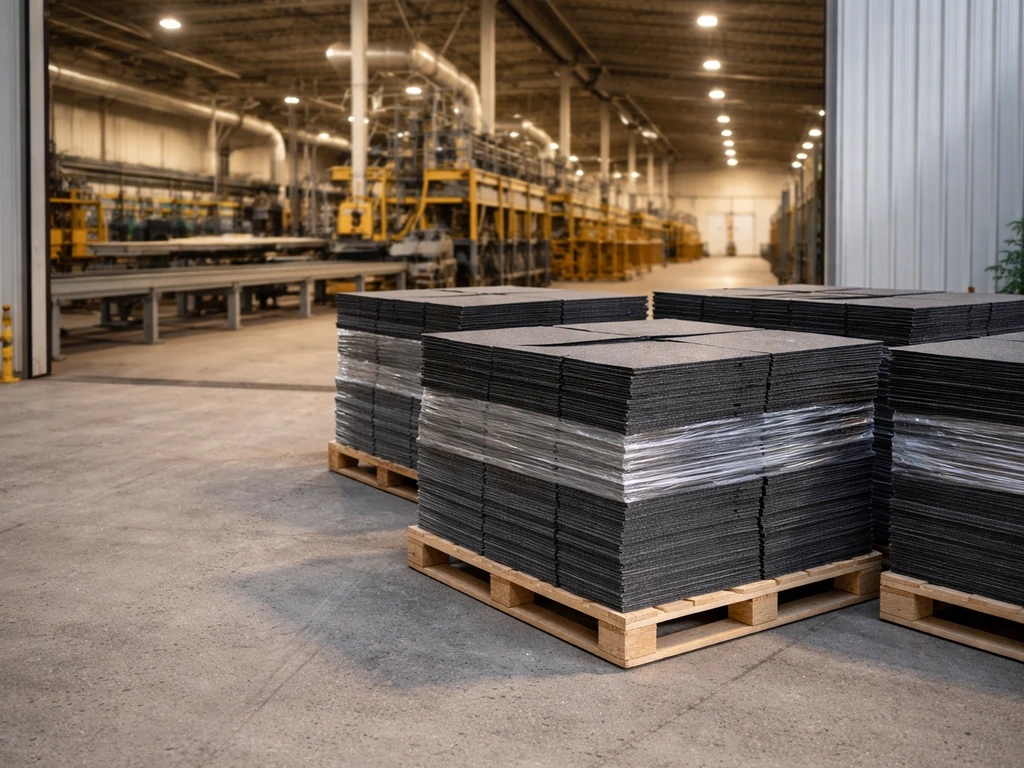 Roofing shingles stacked inside a building-material factory with industrial production line in the background.