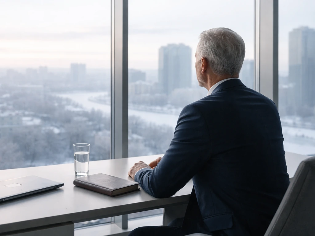 Anonymous executive in a modern office by a window, suited and professional, minimal corporate setting.