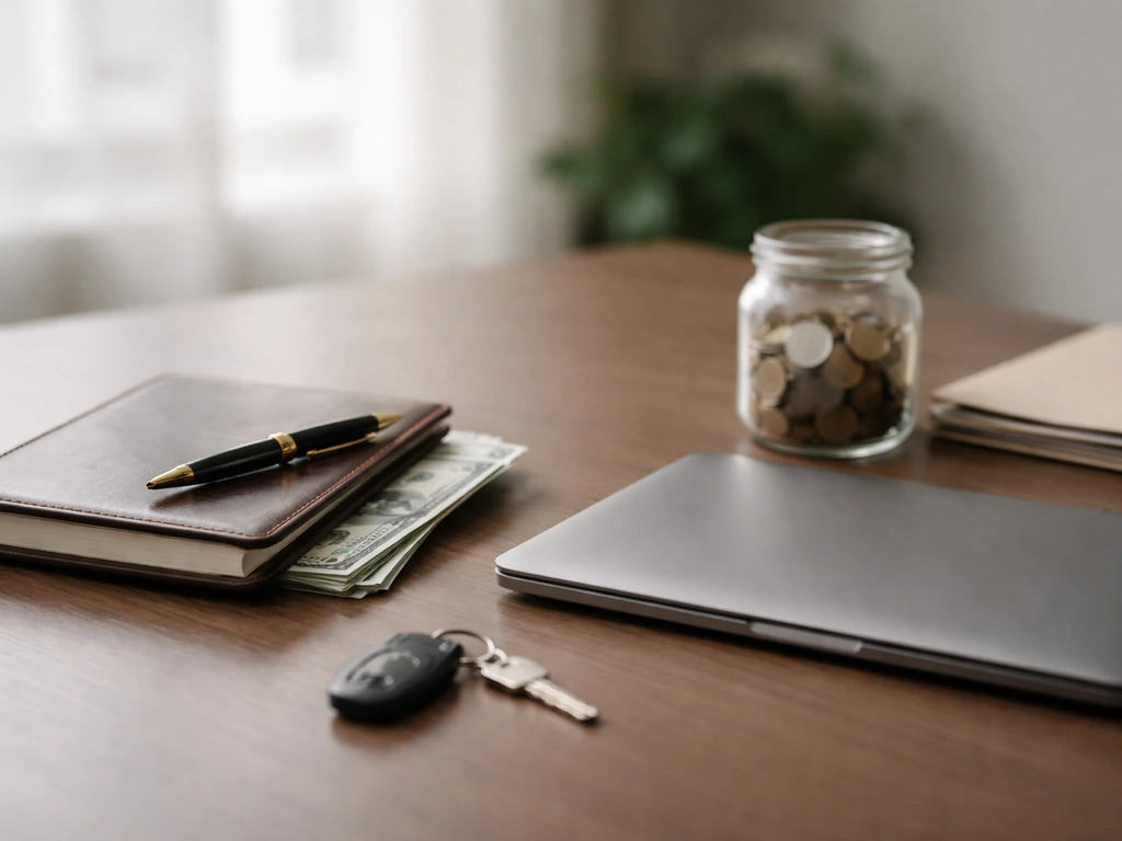Minimal executive desk with notebook, pen, coins, and cash under soft natural light, no people or text.