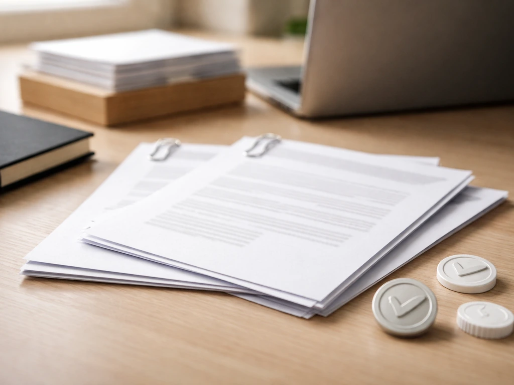 Close-up of paper filings and a laptop showing a verification workflow with financial research props