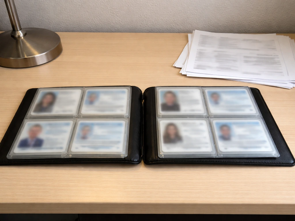 Two blurred identity-card sleeves and documents on an office desk to suggest verifying similar names