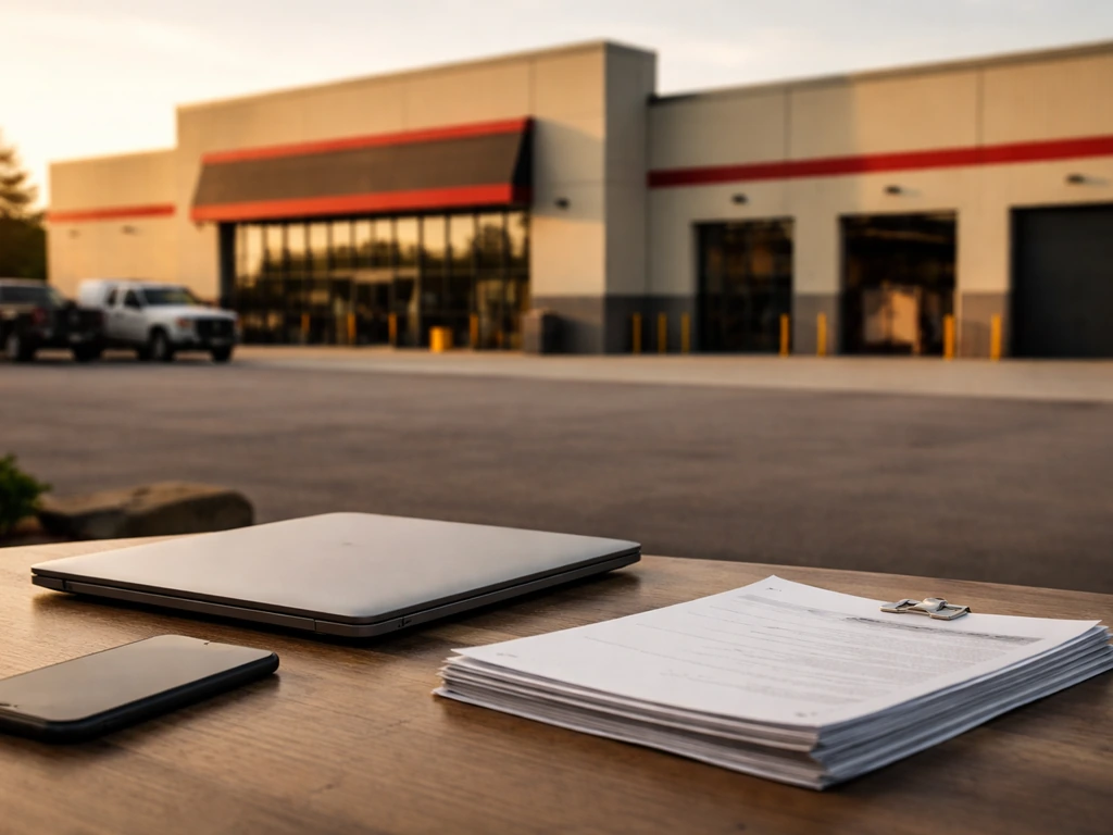 Minimal exterior of an industrial store with a work desk setup suggesting business and wealth estimates.