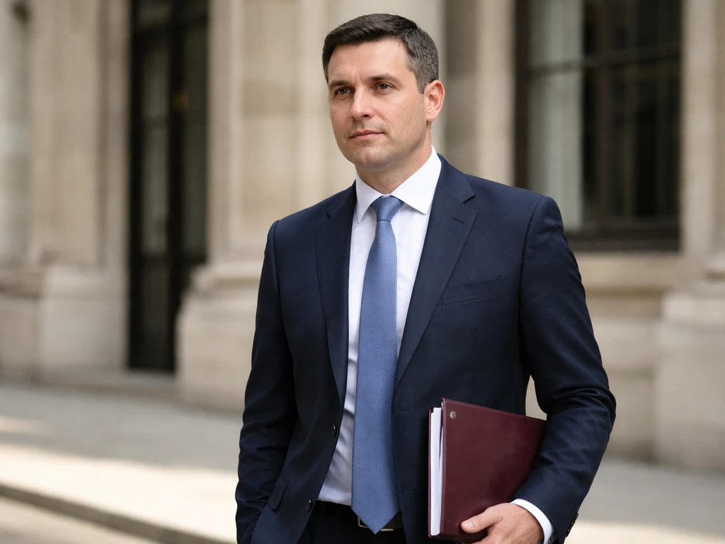 Anonymous politician in a suit outside a UK government building, with blurred stone columns behind him.