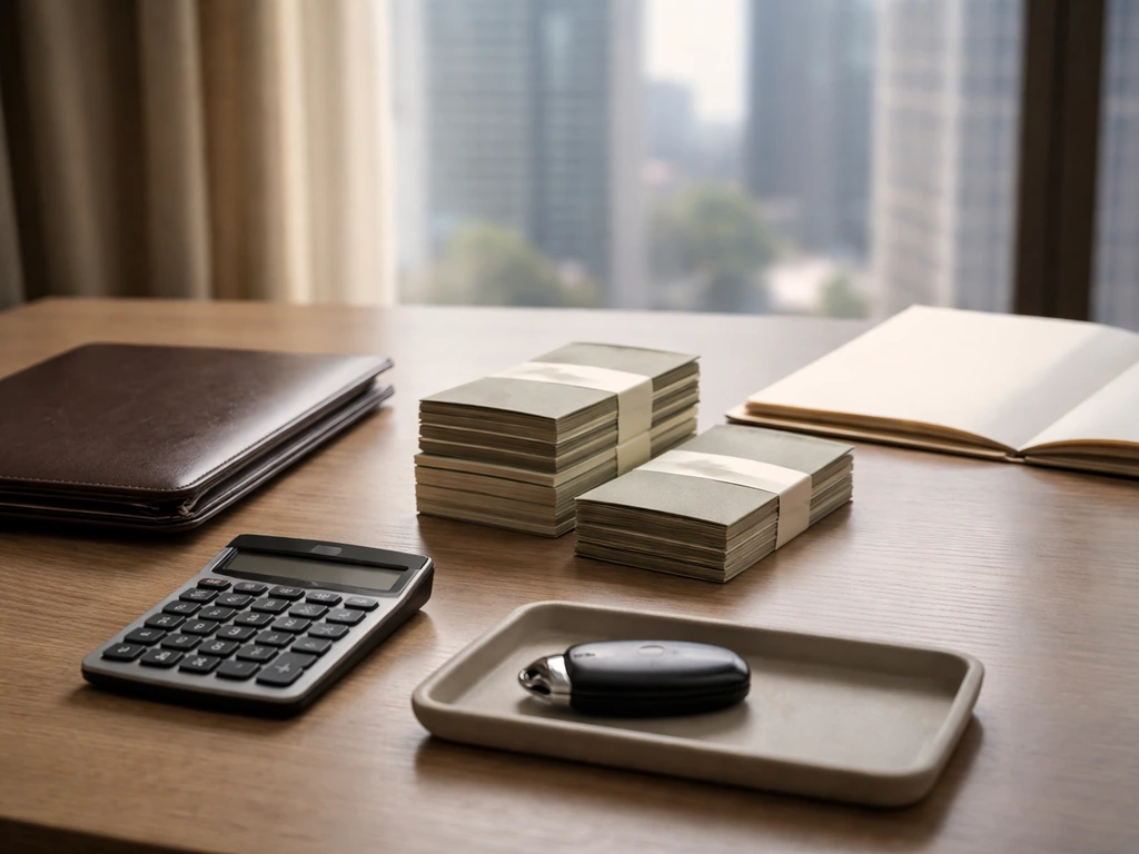 Minimal office desk scene with envelopes, portfolio, and blank documents symbolizing net worth and its drivers.