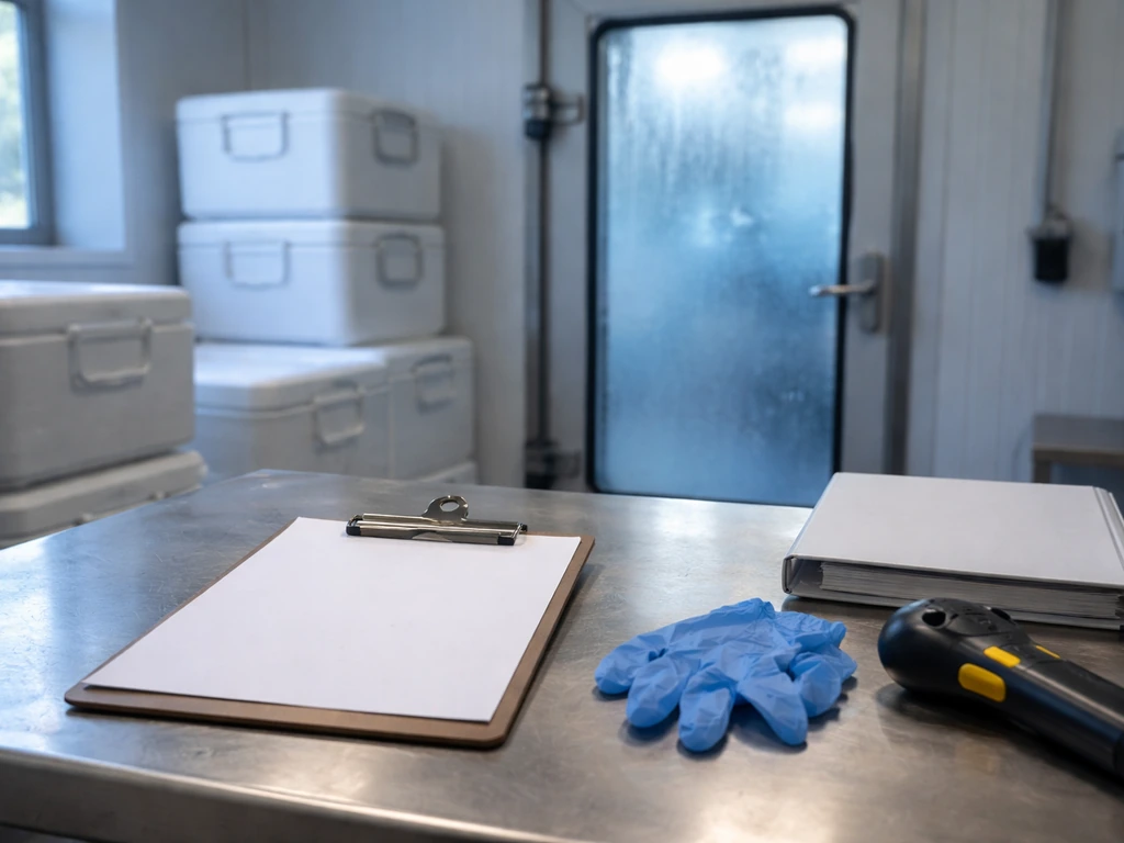 Cold-chain logistics office desk with insulated shipping coolers and a temperature-controlled door in back