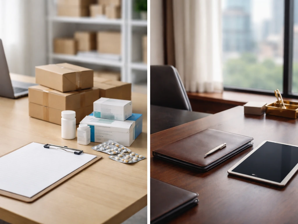 Split side-by-side anonymous desk scenes suggesting pharmaceutical logistics vs corporate executive context.