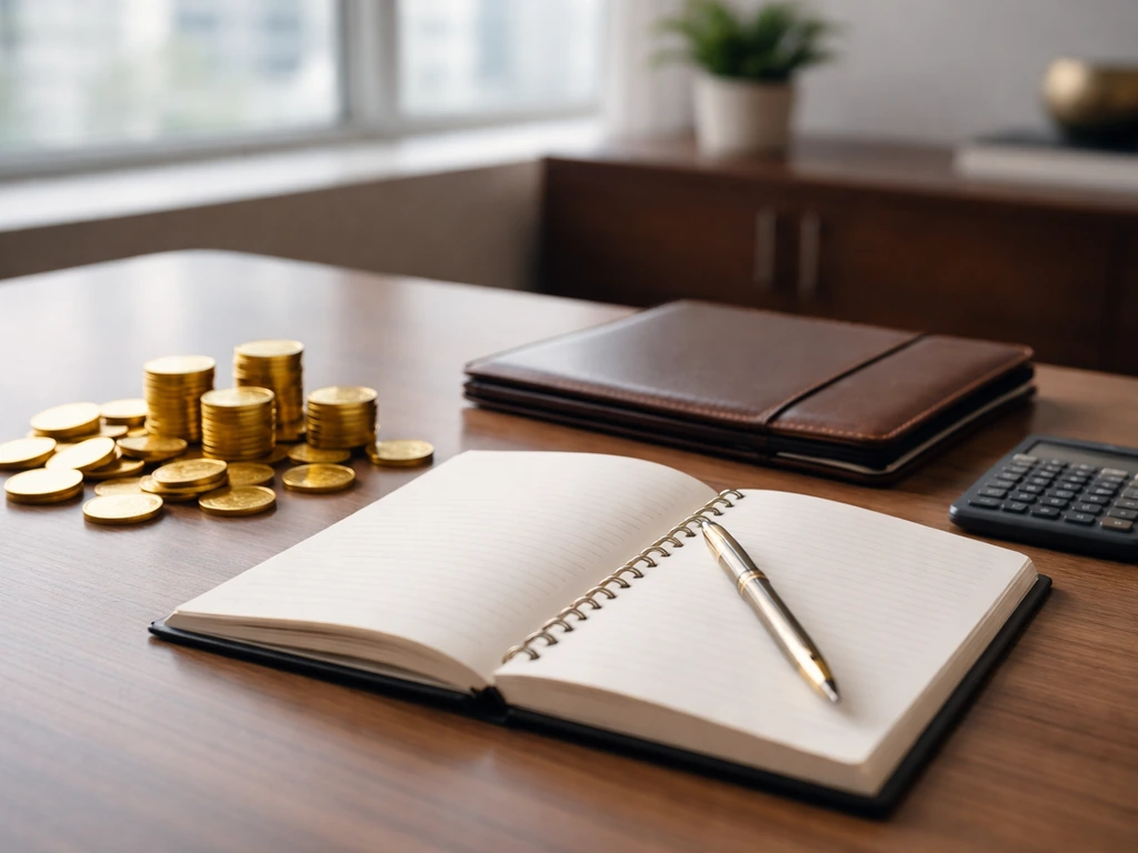 Minimal photo of a modern office desk with an open journal and scattered coins, symbolizing wealth drivers