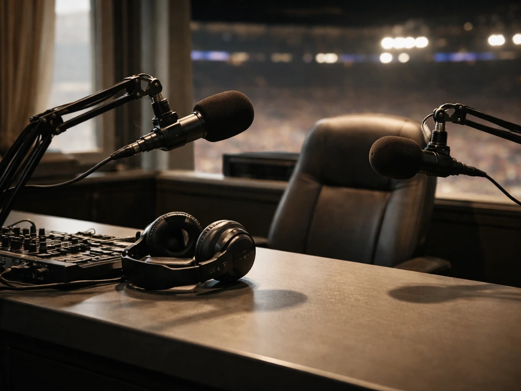 Empty sports broadcast desk with microphones and headsets in a studio-like NBC Sports setting