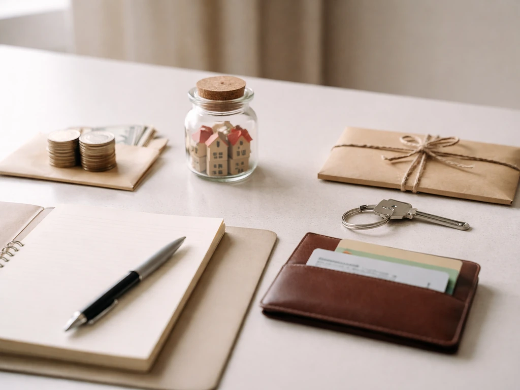 Minimal desk scene showing a visual metaphor of assets minus liabilities with money and debt-like items