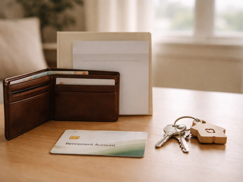 Minimal tabletop still life with house keys, generic brokerage folder, and retirement card in natural light.