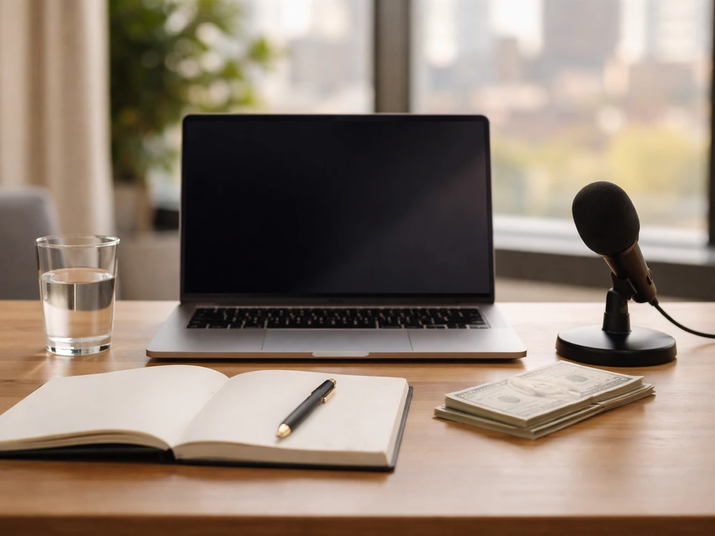 Minimal VC-style editorial scene: anonymous modern office desk with laptop, notebook, and money-themed cues.