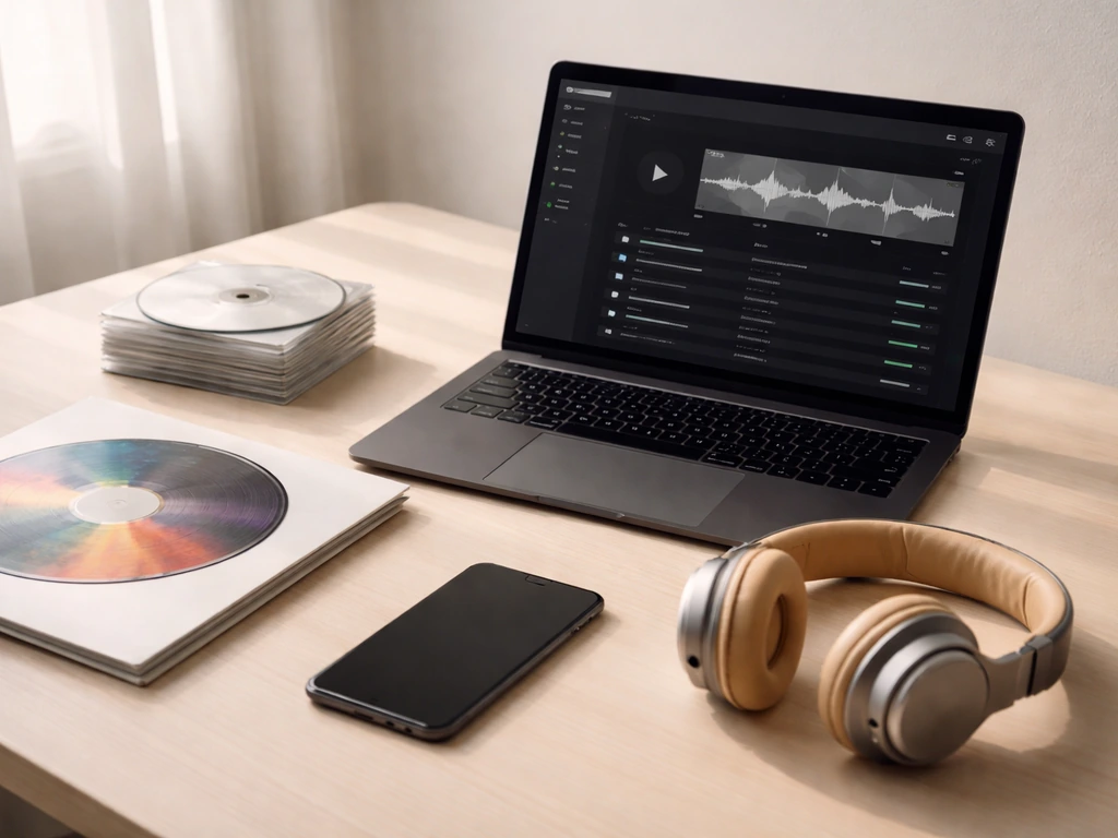 Minimal desk scene with laptop audio visuals, headphones, and music discs implying streaming royalties and catalog value