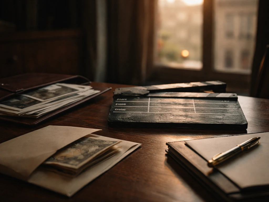 Clapperboard and press-style desk scene with subtle money symbolism, cinematic and minimal, no people shown