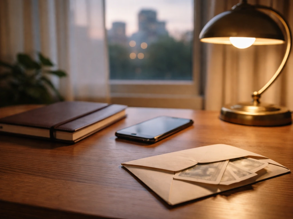 Minimal home-office desk scene with envelope and money, suggesting financial estimation and research.