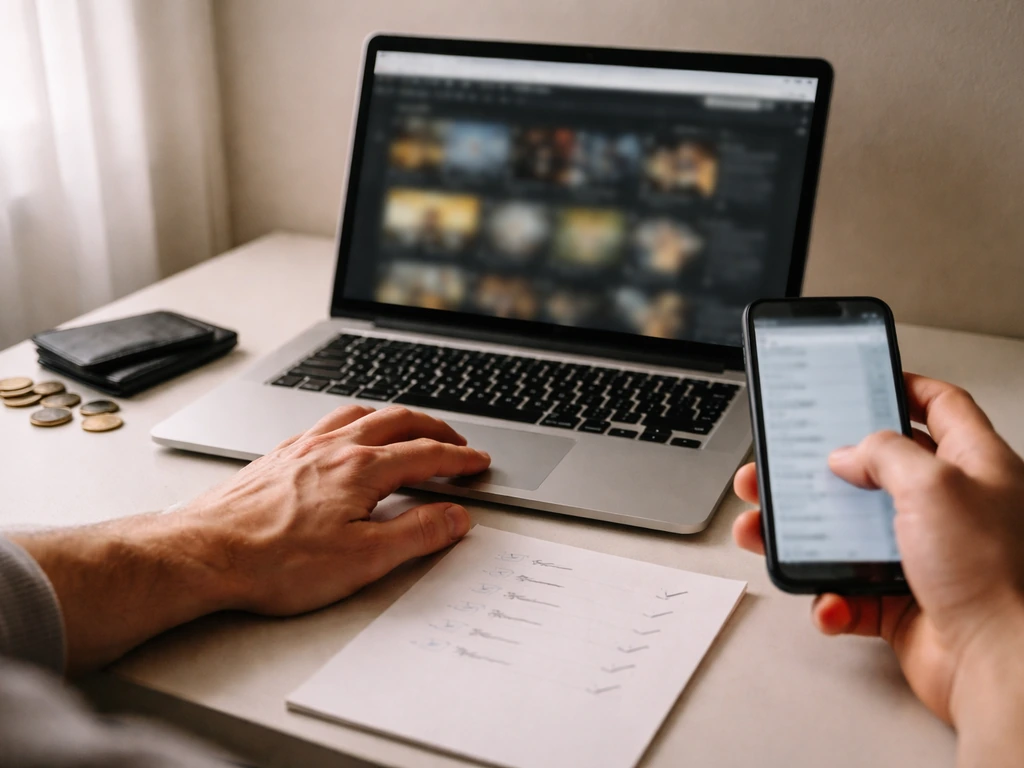Hands reviewing an IMDb-like page on a laptop and entering figures on a blank sheet for net worth checks.