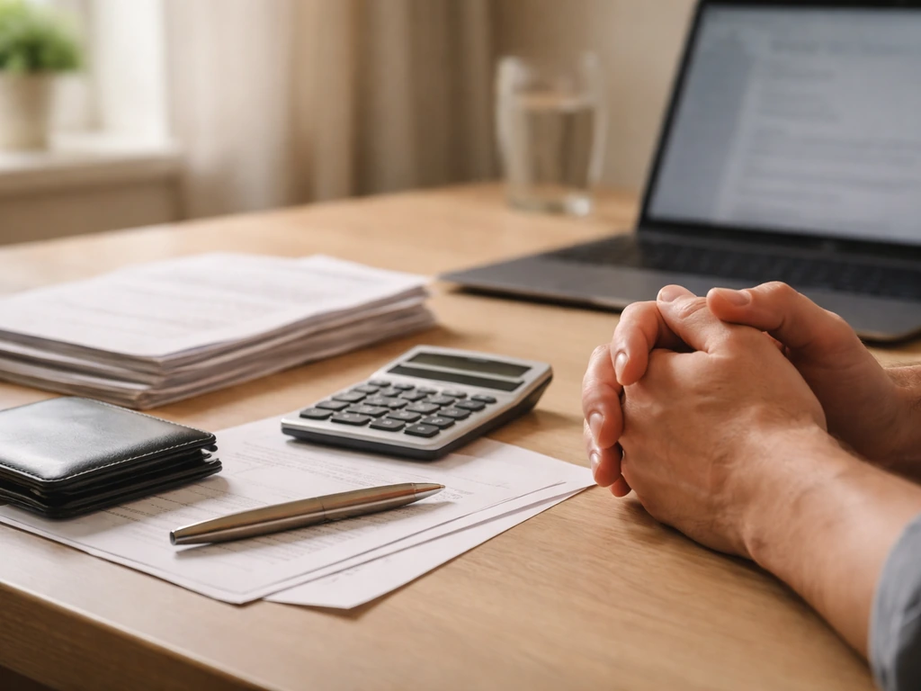 Close-up of hands with a calculator and papers beside a laptop in a quiet home office, symbolizing net worth estimation.
