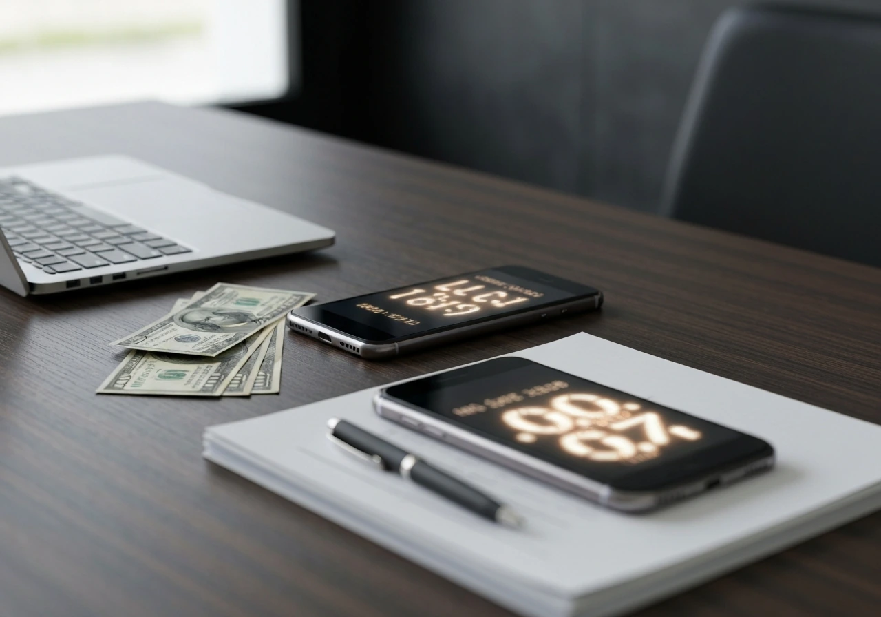 Minimal office desk with scattered bills and two blurred smartphone screens showing different finance figures.