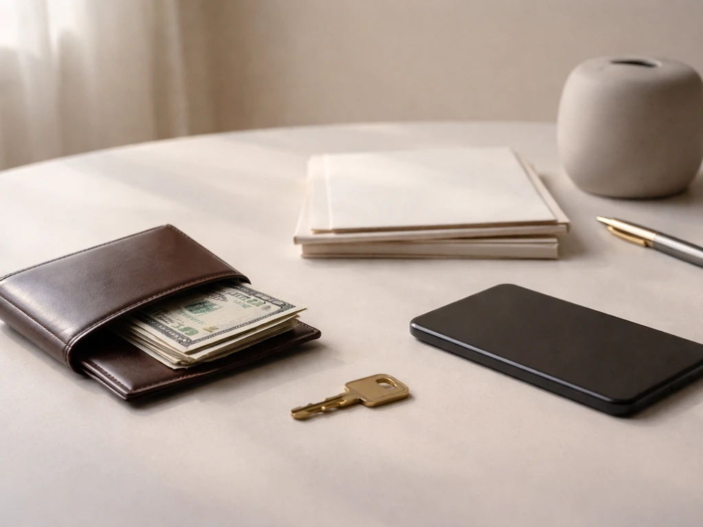 Minimal photo of investment and assets objects on a desk: keys, cash envelope, and brokerage-style documents.