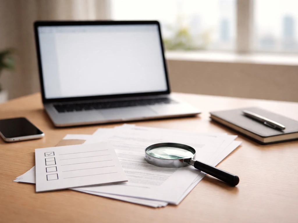 Minimal desk scene with laptop, papers, checklist boxes, and magnifying glass suggesting due-diligence verification.