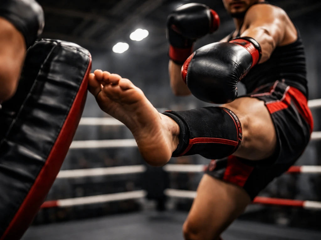Anonymous kickboxer kicking a padded target in a ring under blurred arena lights.