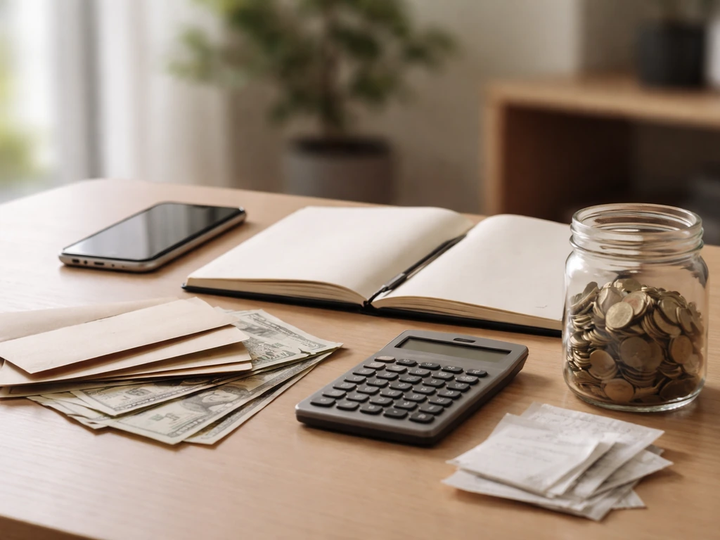 Minimal desk with calculator, receipts, coins jar, and blank notebook symbolizing net worth estimate calculations