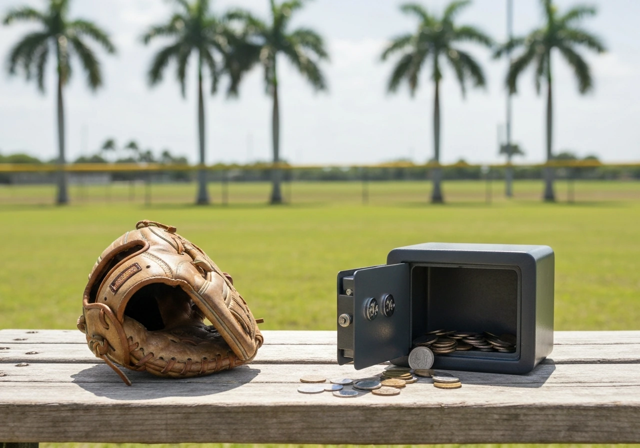 Leather baseball glove beside coins and an open safe in a palm-lined Florida ballpark setting.