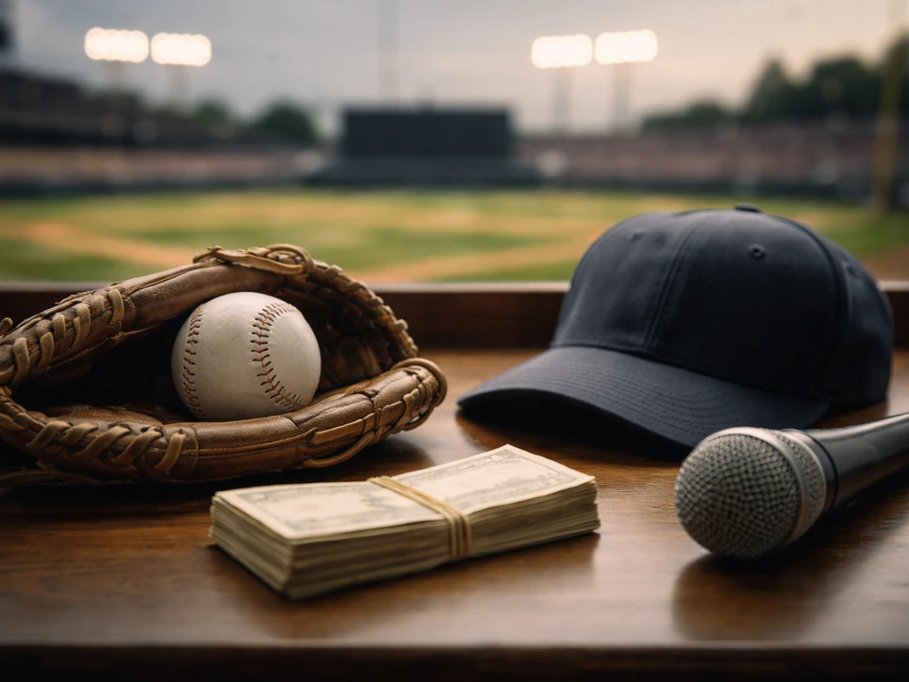 Worn baseball glove on a desk with a ball and blurred ballpark lights in the background.