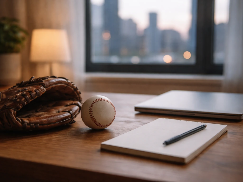 Worn baseball glove and baseball on a simple desk beside a closed laptop in a calm office.