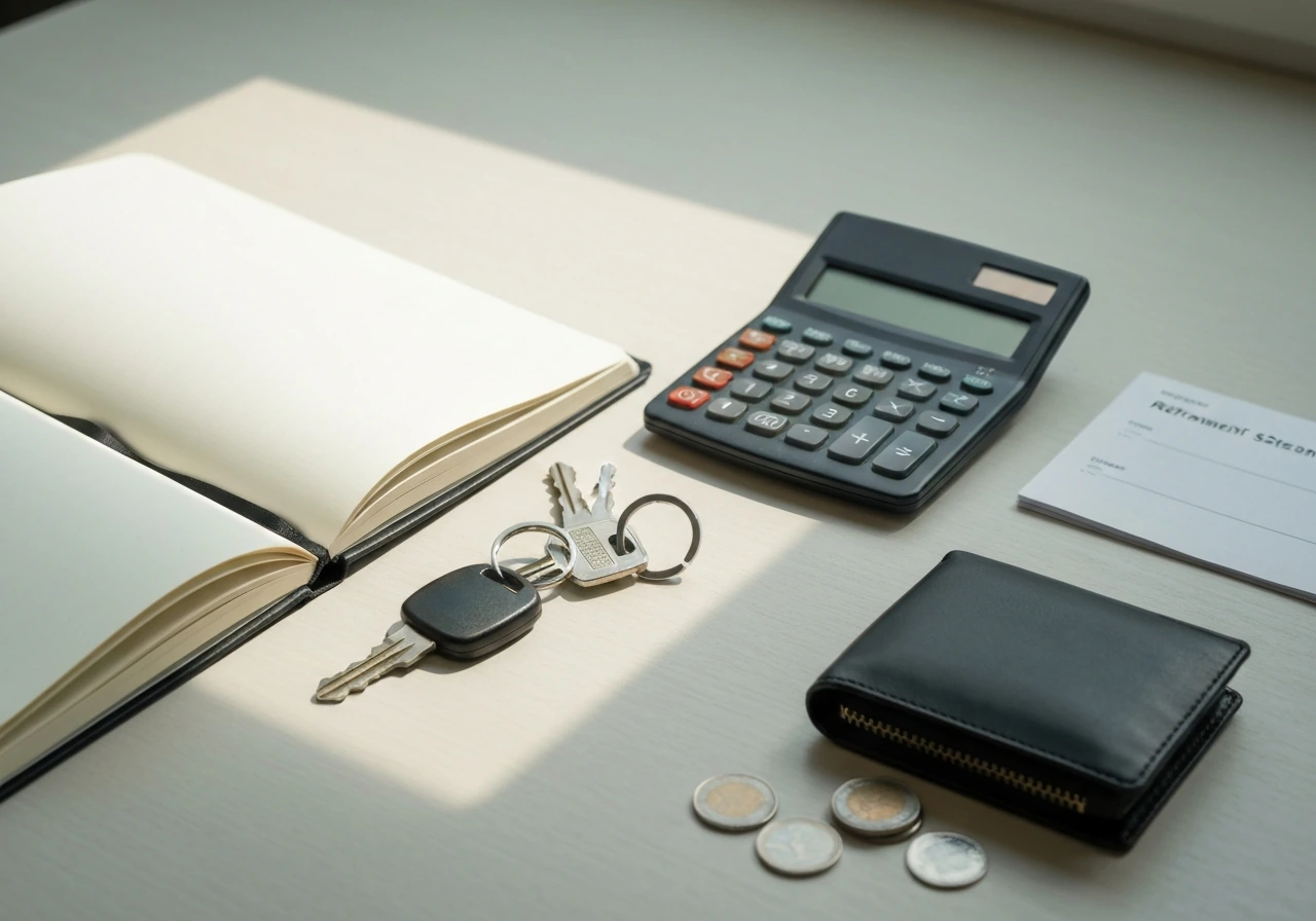 Minimal office scene with a calculator, keys, and neatly arranged financial items symbolizing assets and spending