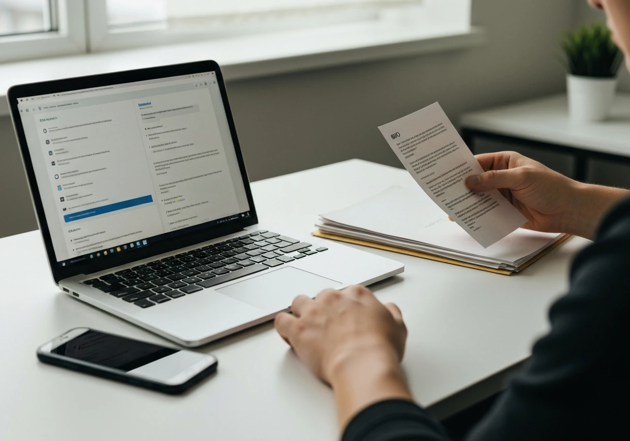 Person reviewing web sources on a laptop beside documents and a smartphone in a quiet office.