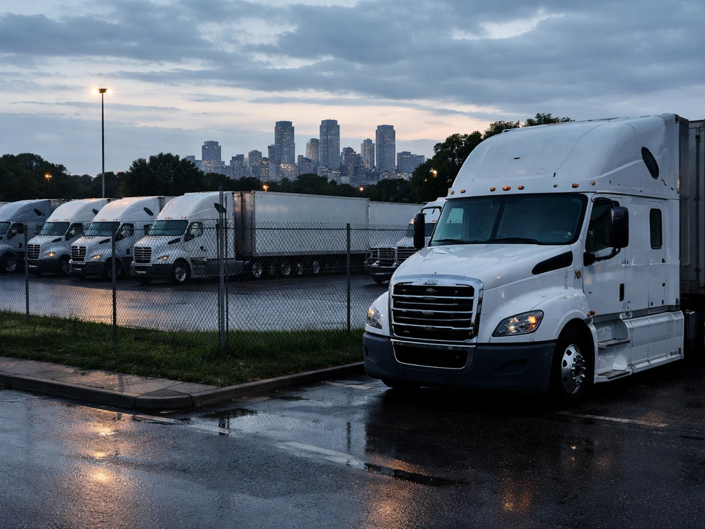 Modern semi-trucks and a quiet Midwest logistics yard at dusk, symbolizing trucking and wealth.