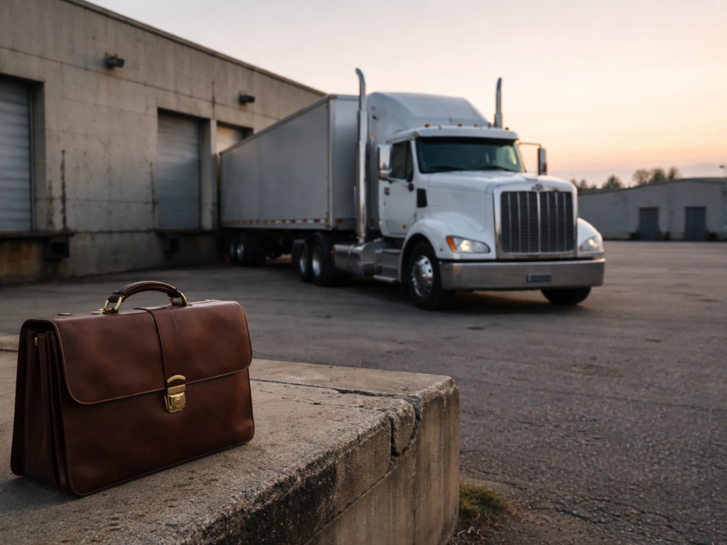 A semi truck in an industrial lot with a leather briefcase on a dock in soft morning light.