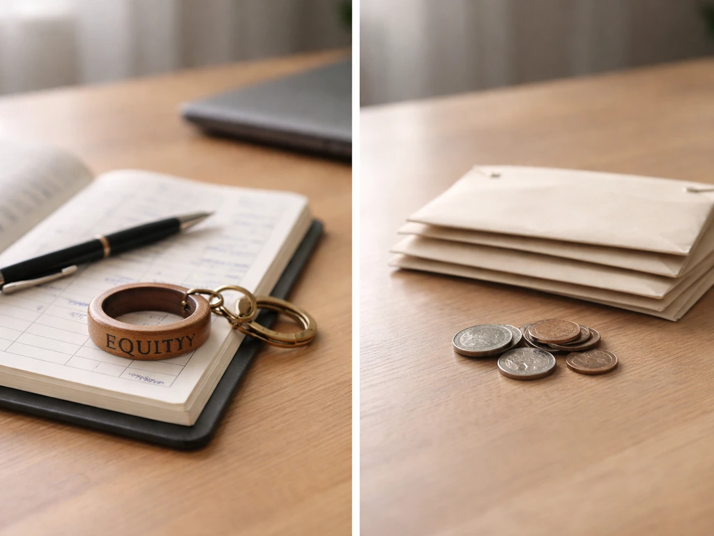 Split desk scene showing ownership items on one side and coins/envelopes for passive income on the other.