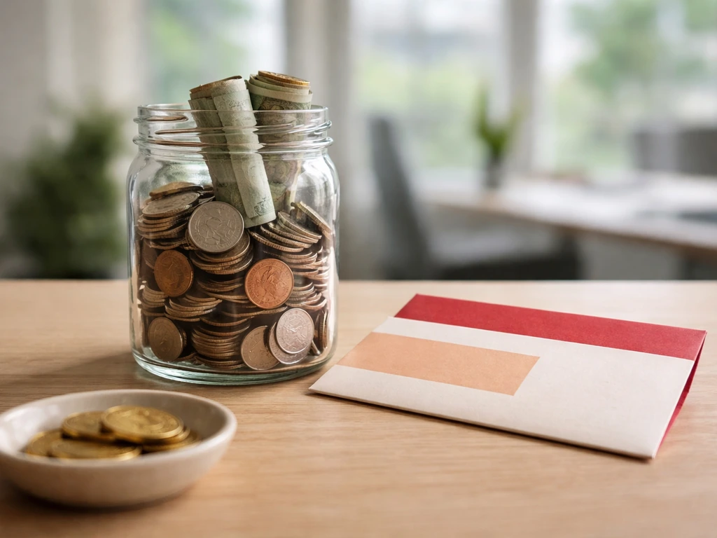 Glass jar of coins and a few banknotes on a minimal desk, symbolizing passive income distributions.