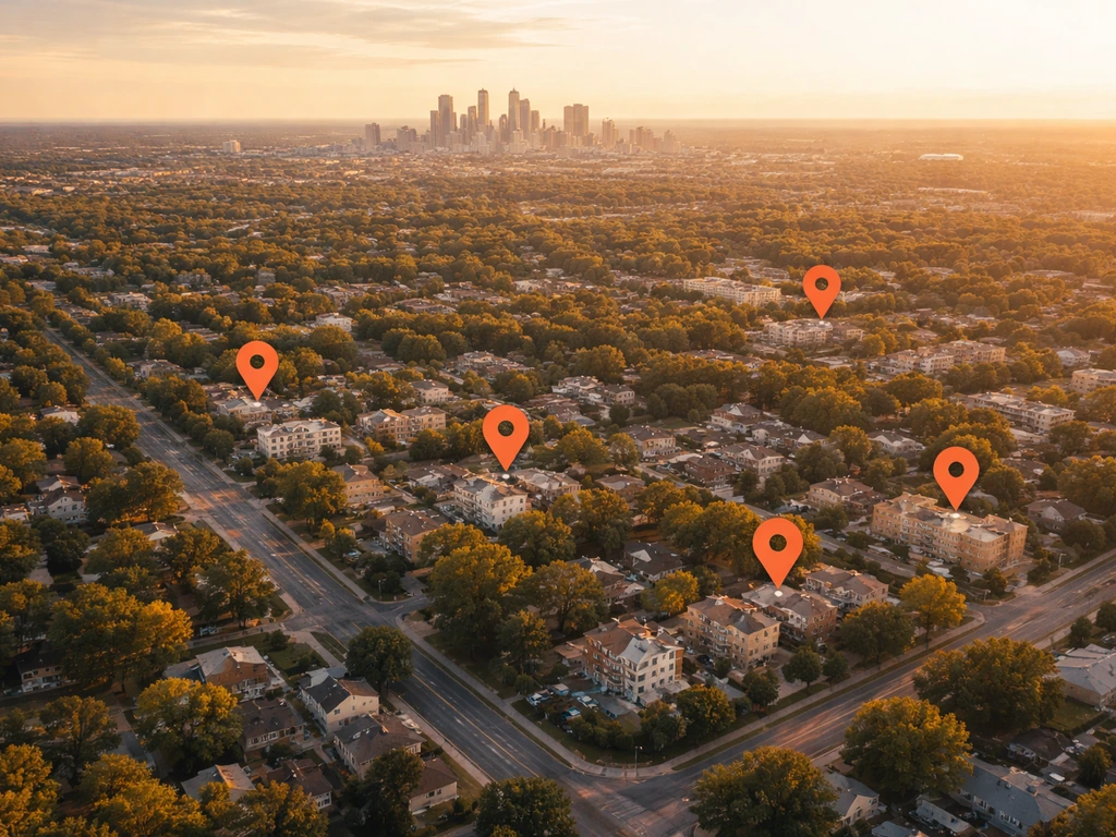 Minimal aerial view of Minneapolis-St. Paul with subtle property-pin icons over a quiet neighborhood