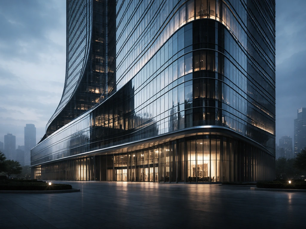 Dramatic modern glass-and-steel architecture exterior at dusk, symbolic of global design and corporate scale.