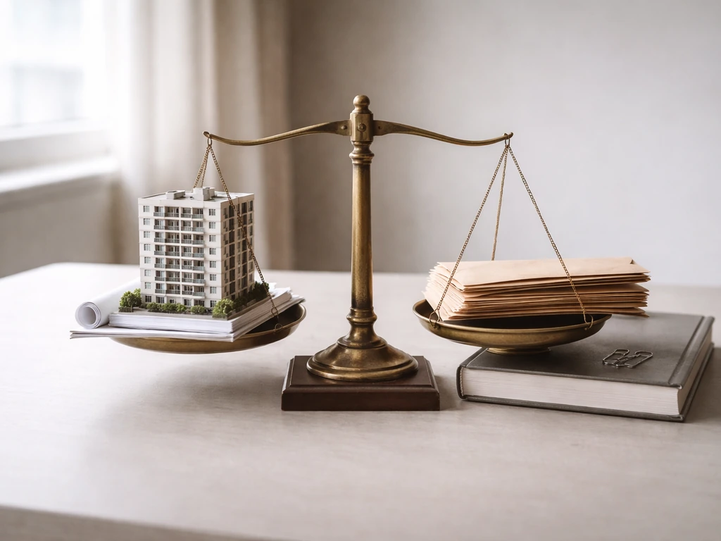Minimal architecture office desk with a scale showing model on one side and loan-style envelopes on the other