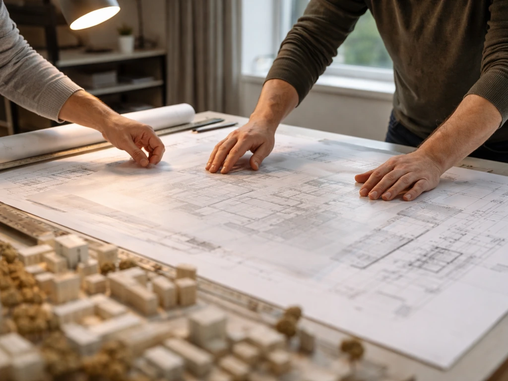 Architects collaborating at a desk over a large architectural plan with a detailed site model in view
