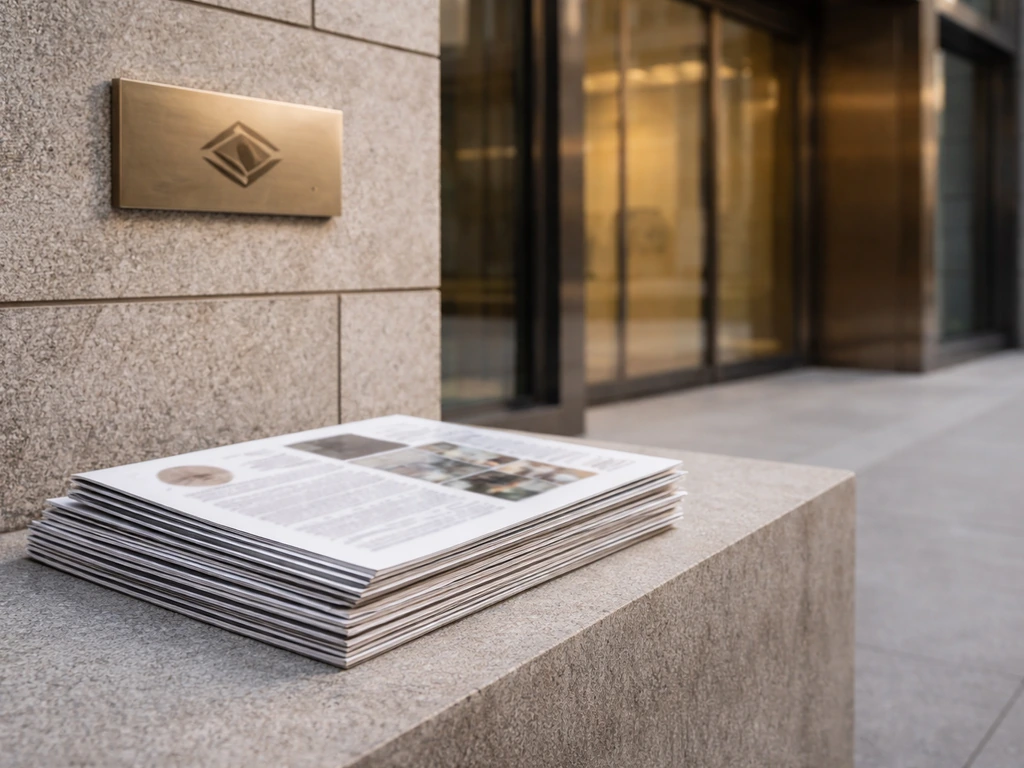 Close-up of modern building facade with a small stack of awards and press clippings beside it