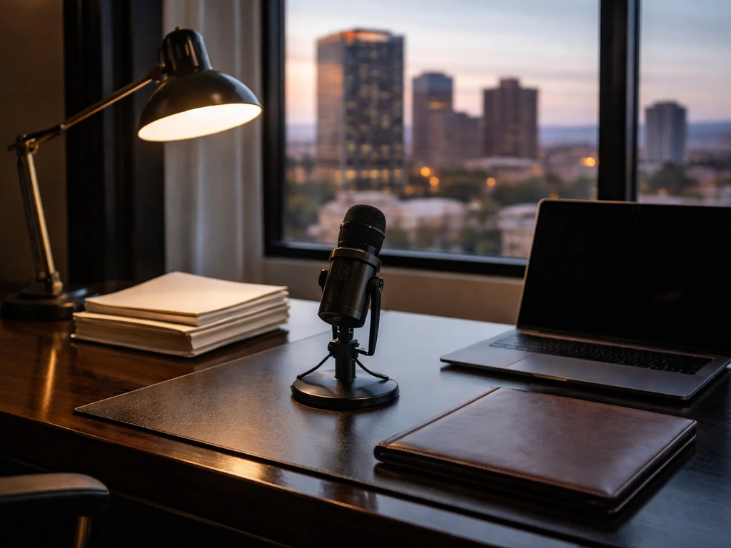 Minimal photo of a sports executive-style office desk with a microphone and financial documents near a city skyline at d
