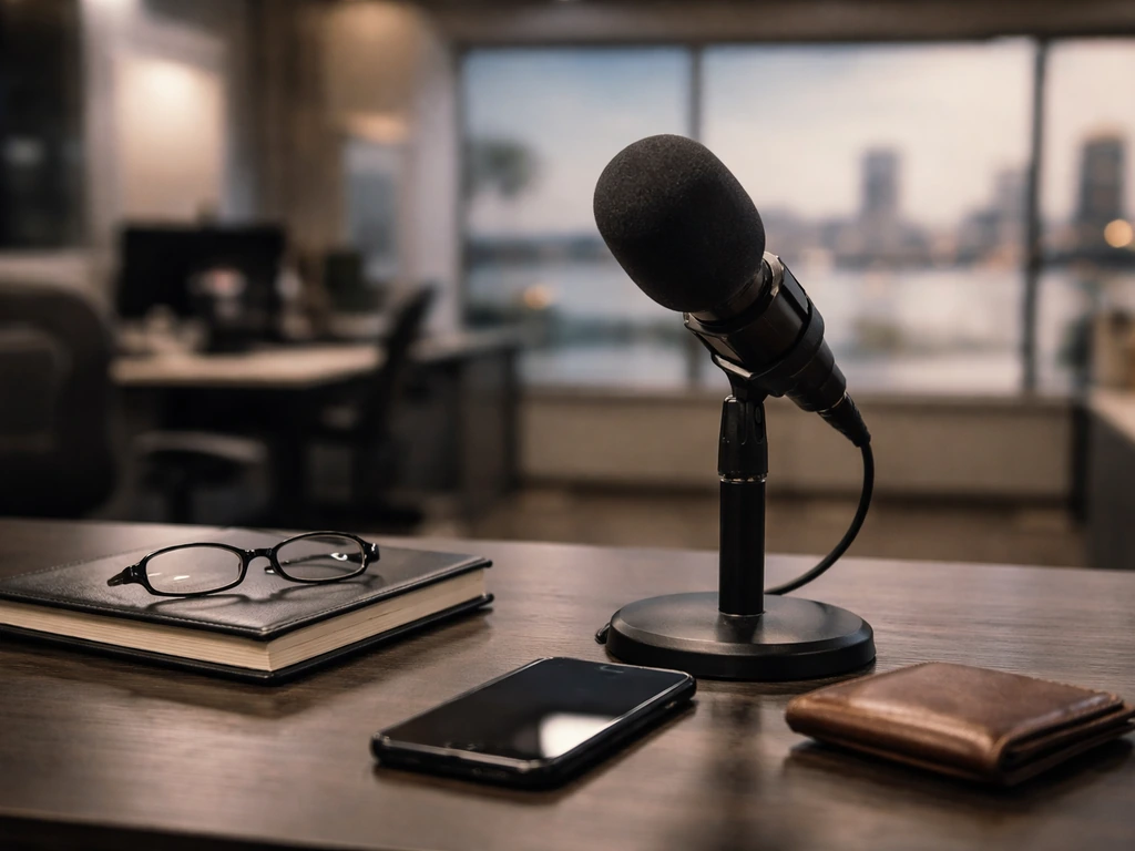 Close-up of a sports journalist newsroom desk scene with a microphone and wallet symbolizing reported net worth.