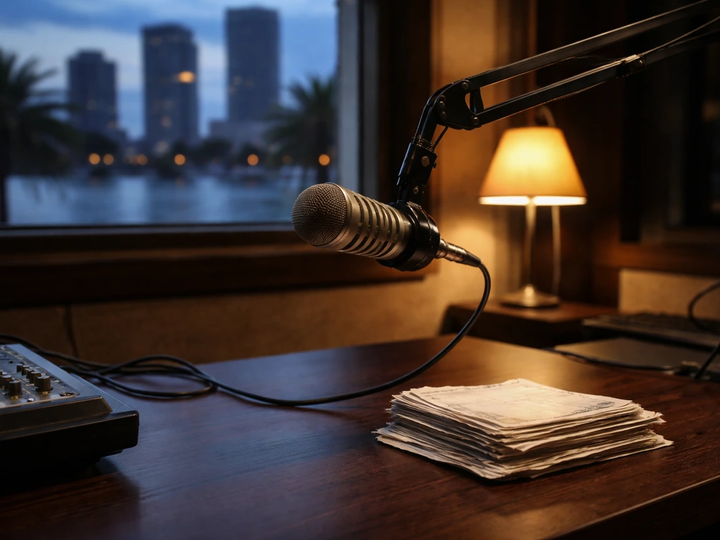 Anonymous sports newsroom desk with a broadcast microphone and soft Jacksonville skyline view through a window.
