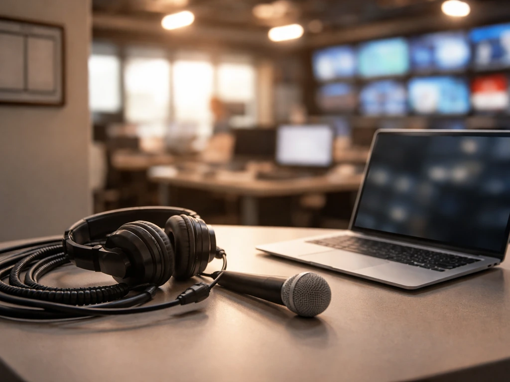 Minimal TV newsroom desk with headset and microphone, softly lit control-room background.