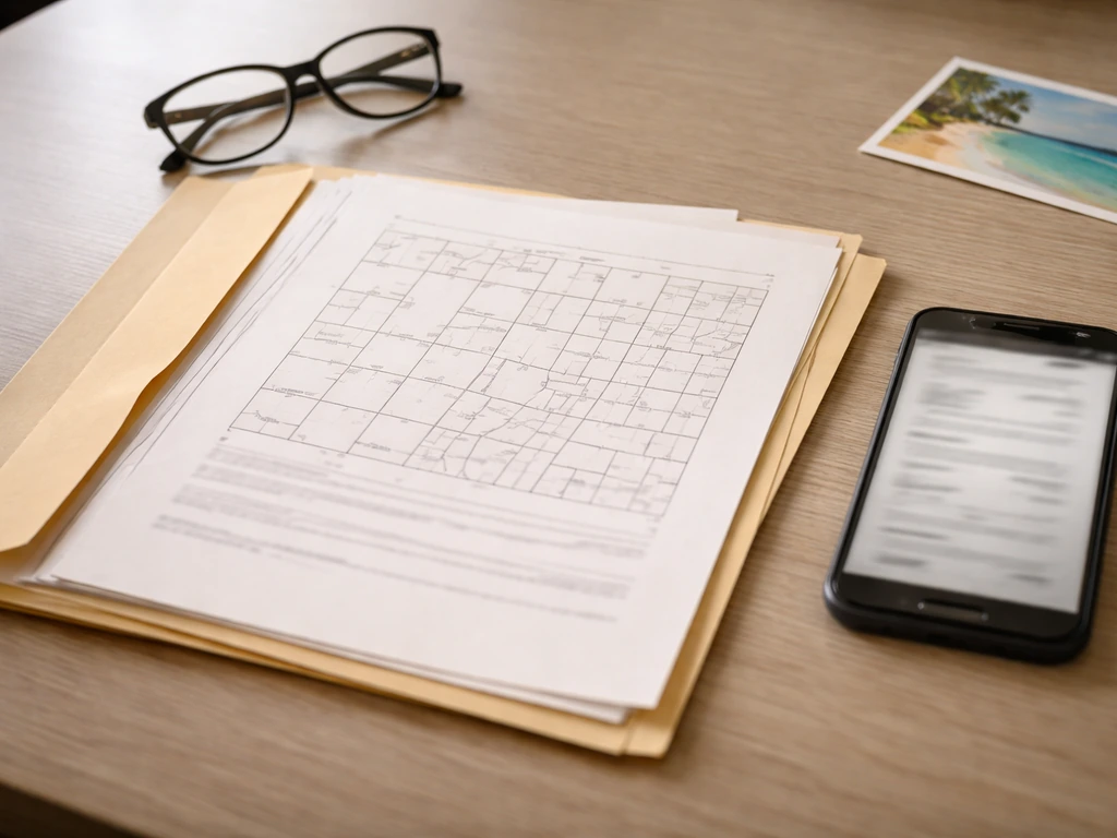 Close-up of property record documents and a parcel map on a desk in natural light.