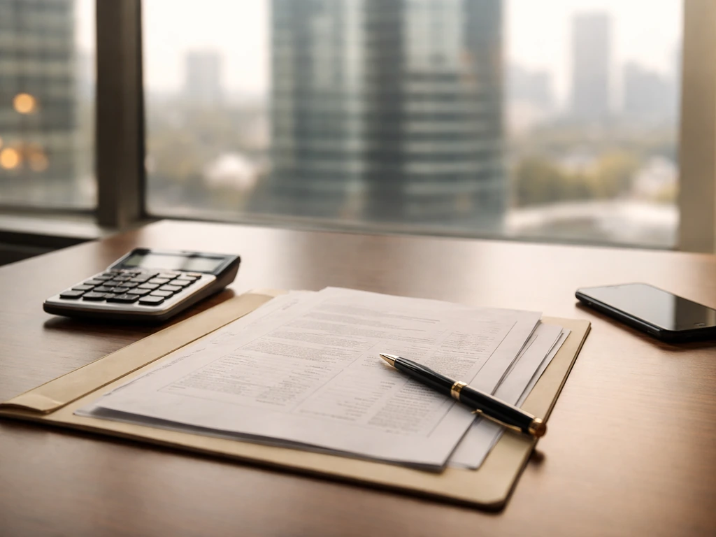 Minimal office desk with calculator and blank financial documents, suggesting net worth estimation for an insurance exec