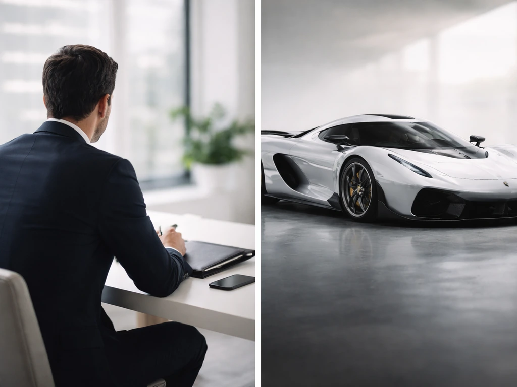 An anonymous investor-like man at a minimalist office desk beside a Koenigsegg-like sports car photo backdrop.
