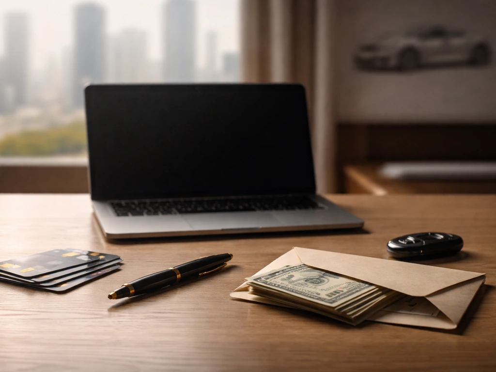 Minimal finance desk with laptop, pen, envelope of cash, and car key fob in natural light.
